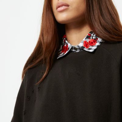 Black gingham floral embroidery collar bib